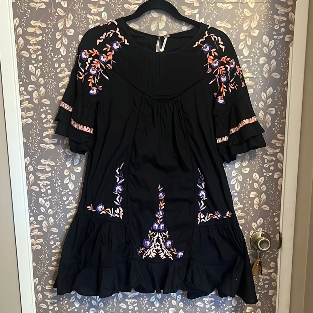 Free People Black Mini Dress with Purple and Pink Embroidery